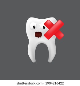 Scared tooth with a red cross on it. Cute character with facial expression. Funny icon for children's design. 3d realistic vector illustration of a dental ceramic model isolated on a grey background