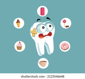 
Geruchshügel umgeben von Junk Food Vector Cartoon. Molar, der an ungesunden Snacks voller Zucker leidet 
