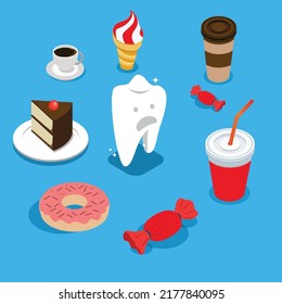 Scared Tooth Surrounded by sugary Junk Food isometric 3d vector illustration concept for banner, website, illustration, landing page, flyer, etc.