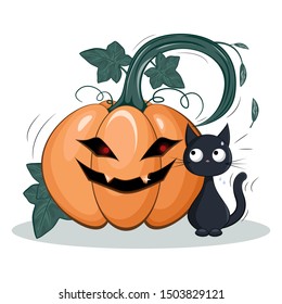 Scared trembling black cat looks back at monster pumpkin. Kitten shivers and Halloween`s pumpkin frightening laughs, grimaces and reaches out its branch to the cat. Funny cartoon isolated illustration