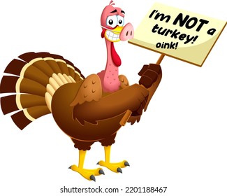 Scared Turkey Cartoon Characters Masked As A Pig Holds A Sign With An Inscription. Vector Illustration Flat Design Isolated On Transparent Background