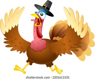 Scared Turkey Cartoon Characters With Pilgrim Hat Running. Vector Illustration Flat Design Isolated On Transparent Background