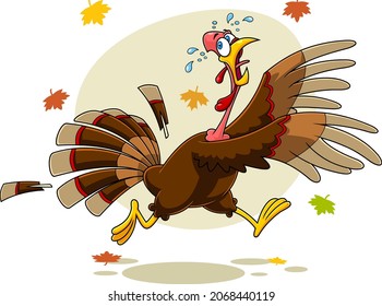 Scared Turkey Cartoon Characters Running. Vector Hand Drawn Illustration Isolated On Autumn Background With Leaves