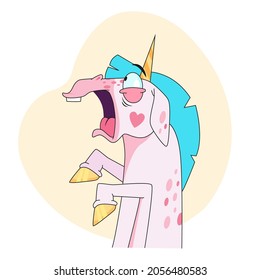 Scared unicorn cartoon character sticker. Funny emoticon of fairy horse screaming in profile, animal with gold horn flat vector illustration isolated on white background. Fairytale, fear concept