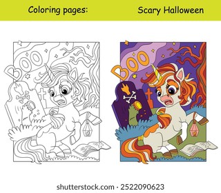 Unicornio asustado y pie de pony zombie de la tumba, letras Boo. Concepto de Halloween. Niños para colorear con muestra de color. Ilustración vectorial. Para colorear libro, educación, impresión, juego, rompecabezas, diseño