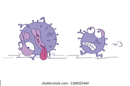 Scared Viruses, One Is Terrified And Running Away, Escaping From Something Dangerous, The Second One Is Already Injured, Almost Dead. Original Funny Cartoon Hand Drawn Illustration.