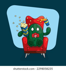 Scared watermelon watching a scary movie, eating popcorn and orange juice.