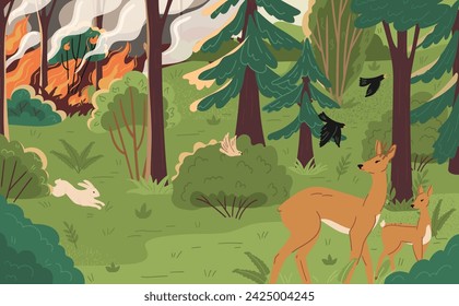 Animales salvajes asustados huyendo de incendios forestales en la escena