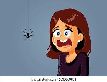 Scared Woman Being Afraid of a Spider Vector Cartoon. Female adult suffering from arachnophobia having a panic attack

