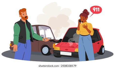 Mulher Assustada Ligando Para O 911 Depois De Um Acidente De Carro. Personagens De Motorista Masculino E Feminino Ficam Na Frente De Dois Carros Danificados Com Fumaça Vindo Dos Veículos. Ilustração de vetor de desenhos animados