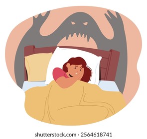 Scared woman cartoon character in panic with trembling body under blanket suffering from terrifying nightmare having sleepless problem while lying in bed at night cartoon scene vector illustration