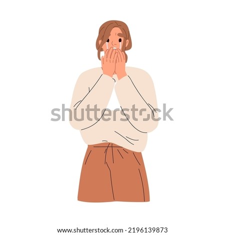 Scared woman crying, startled at smth. Girl weeping in grif, anxiety. Unhappy frightened person in tears with face expression of fright. Flat graphic vector illustration isolated on white background