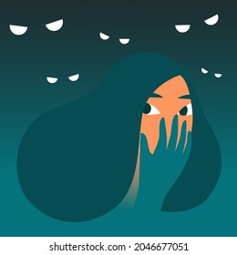 Scared woman in the dark surrounded by threats. Nightmares and fears, negative emotions. Flat vector illustration.