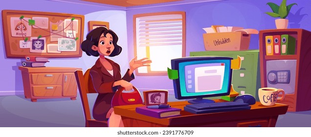 Scared woman in detective office. Vector cartoon illustration of female character at police station, crime witness or victim, evidence board, case folders, desktop computer, investigator workplace