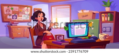 Scared woman in detective office. Vector cartoon illustration of female character at police station, crime witness or victim, evidence board, case folders, desktop computer, investigator workplace
