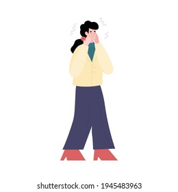 Scared woman with expression afraid on face suffer mental disorder.