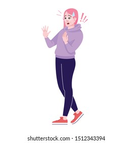Scared woman flat vector illustration. Frightened person. Protection against violence. Girl screaming in horror and steps back isolated cartoon character with outline elements on white background