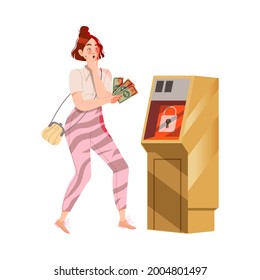 Scared Woman in Front of atm machine with Dollar Banknote as Victim of Cybercriminal Committing Network Crime Harming Financial Health Vector Illustration
