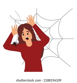 Scared Woman. Girl Scared Of A Spider. Arachnophobia Panic Attack. Colorful Cartoon Flat Style Vector Illustration.