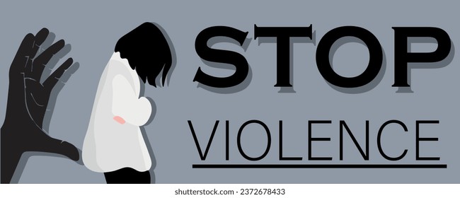 Scared woman, grabbing hand and text STOP VIOLENCE on grey backg
