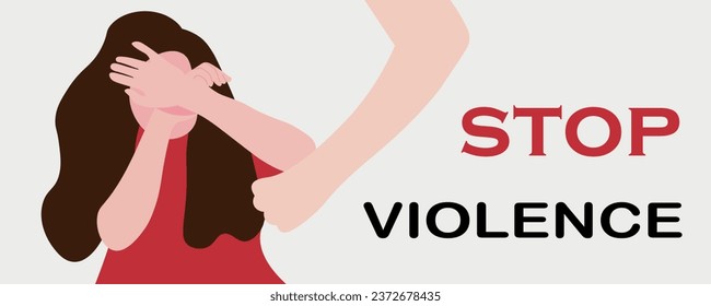 Scared woman, hand with clenched fist and text STOP VIOLENCE on 