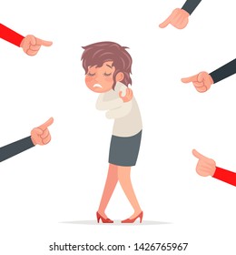 Scared woman helpless victim harassment pointing fingers fear female pain girl character isolated design cartoon vector illustration