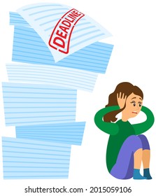 Mujer asustada que se esconde del trabajo y problemas en el lugar de trabajo. La mujer de negocios sufre por miedo al concepto del plazo. Desastres de plazo de carga de trabajo. Mess y tareas. Sobretrabajo, muchas asignaciones y poco tiempo
