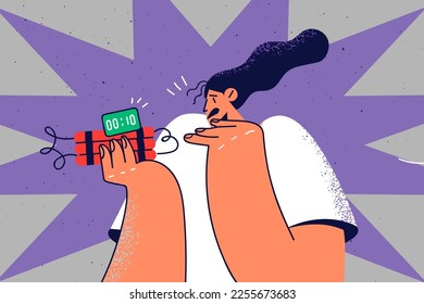 Scared woman hold dynamite in hands terrified with explosive. Frightened girl with TNT sticks or bombs feel fear and shock. Vector illustration. 