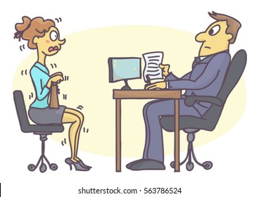 Scared woman at job interview, vector cartoon