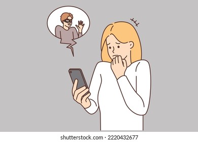 Scared woman look at cellphone screen frustrated with internet scam. Stressed girl use smartphone terrified with hacker stealing personal information. Web safety and security. Vector illustration. 