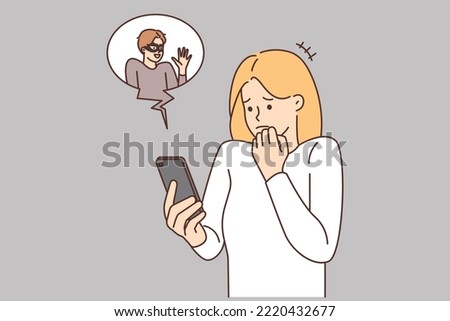 Scared woman look at cellphone screen frustrated with internet scam. Stressed girl use smartphone terrified with hacker stealing personal information. Web safety and security. Vector illustration.  [[stock_photo]] © 