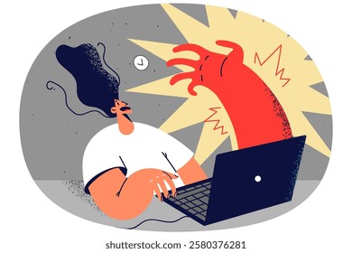 Scared woman look at huge hand appearing from laptop screen. Big hand arise from computer attack terrified female employee. Vector illustration.