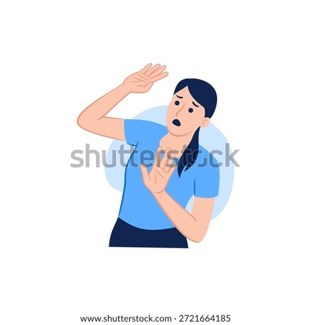 Scared woman looking up afraid of something from above arms up protecting defensive gesture
