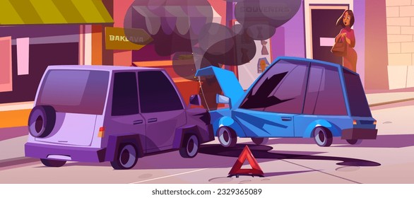 Scared woman looking at car accident on city street. Vector cartoon illustration of two smashed autos standing on road after bumper collision, oil stain on asphalt, smoke in air, female crash witness