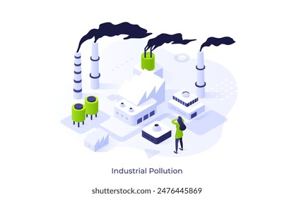 Scared woman looking at heavy smoke over plant chimneys. Industrial pollution concept isometric vector illustration. Lady shocked by carbon emissions in air cartoon character colour composition