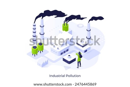 Scared woman looking at heavy smoke over plant chimneys. Industrial pollution concept isometric vector illustration. Lady shocked by carbon emissions in air cartoon character colour composition