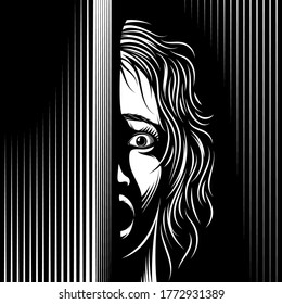 Scared Woman looks from the dark. Eyes, mouth are open with fear. Domestic violence against women, violation of women's rights. Vector black and white illustration in engraved retro noir comics style