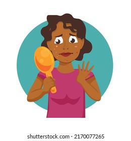 Scared woman looks in the mirror stressed with pimples on her face. Unhappy frustrated woman feels shocked, distressed by feeling ugly. Low self esteem concept. Flat vector illustration.