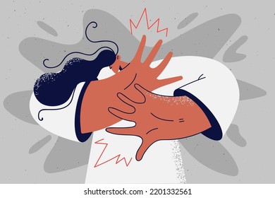 Scared woman make hand gesture beg to stop. Terrified girl feel fear and astonishment show rejection and refusal. Vector illustration. 