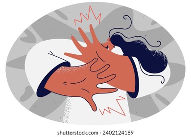 Scared woman make hand gesture beg to stop. Terrified girl feel fear and astonishment show rejection and refusal. Vector illustration.