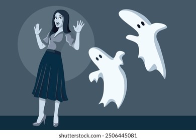 
Scared Woman Meets Ghosts Vector Cartoon Illustration. Mädchen leidet eine Panikattacke, nachdem sie einige untote Kreaturen gesehen hat 
