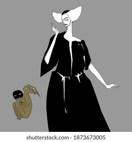 Scared woman and newborn masked demon baby. Fantastic art. Female archetype. Hand drawn black and white silhouette with gold and silver.