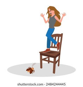 Scared woman on a chair afraid of a cockroach, vector illustration.