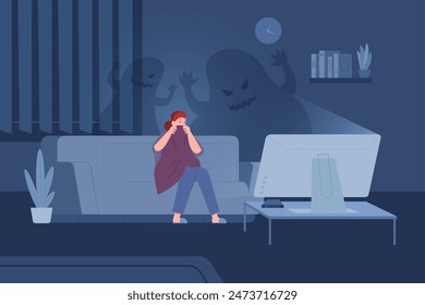 Scared woman on sofa. Afraid girl watching horror movie tv alone at home couch, watch night thriller television entertaining monsters fear scene vector illustration of horror movie