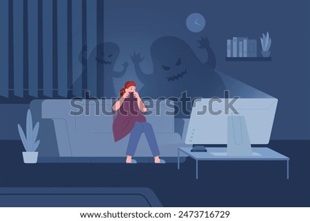 Scared woman on sofa. Afraid girl watching horror movie tv alone at home couch, watch night thriller television entertaining monsters fear scene vector illustration of horror movie