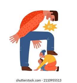 Scared woman protect herself and her child from cruel husband. Angry furious man scream and threaten afraid wife and kid. Domestic violence and abuse concept. Flat hand drawn vector illustration.