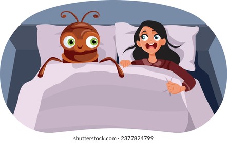 
Scared Woman Resting Next to a Giant Bed Bug Vector Cartoon. Girl in a hotel room finding insects in a nightmare situation
