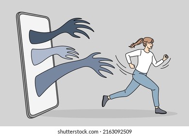 Scared Woman Run Away From Hands Coming From Mobile Phone. Anxious Girl Flee From Internet Bullying And Harassment On Social Media. Web Abuse Concept. Vector Illustration. 