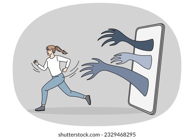 Scared woman run away from hands coming from mobile phone. Anxious girl flee from internet bullying and harassment on social media. Web abuse concept. Vector illustration.