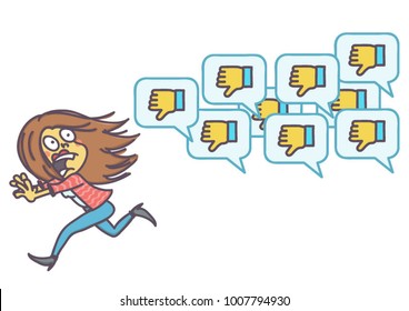 Scared woman running away from negative comments icons, vector cartoon of social network disapproval concept